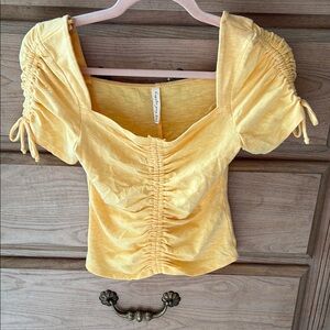 Kingston Grey Yellow Puff Sleeve Ruched Crop Blouse